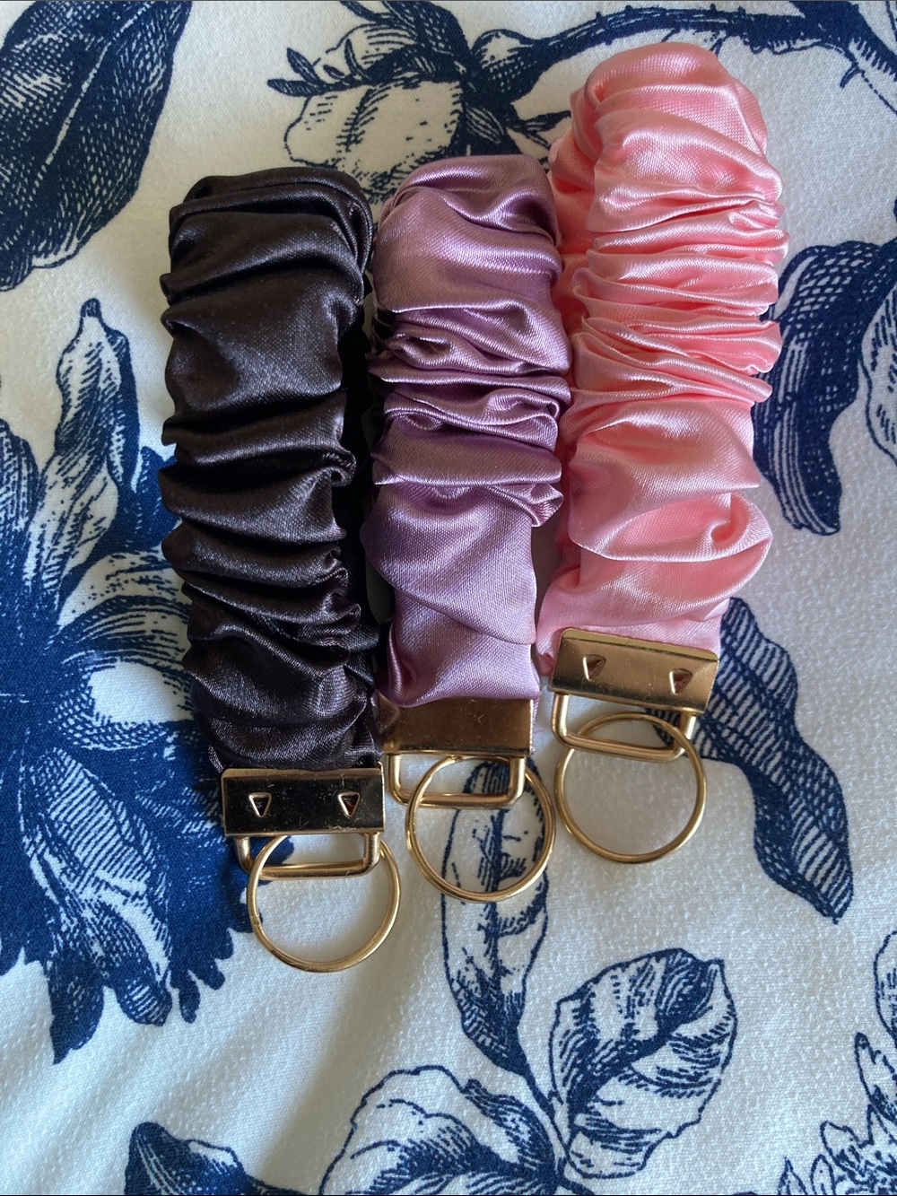Satin Scrunchie Key Fob Trio in Chocolate, Mauve & Pink